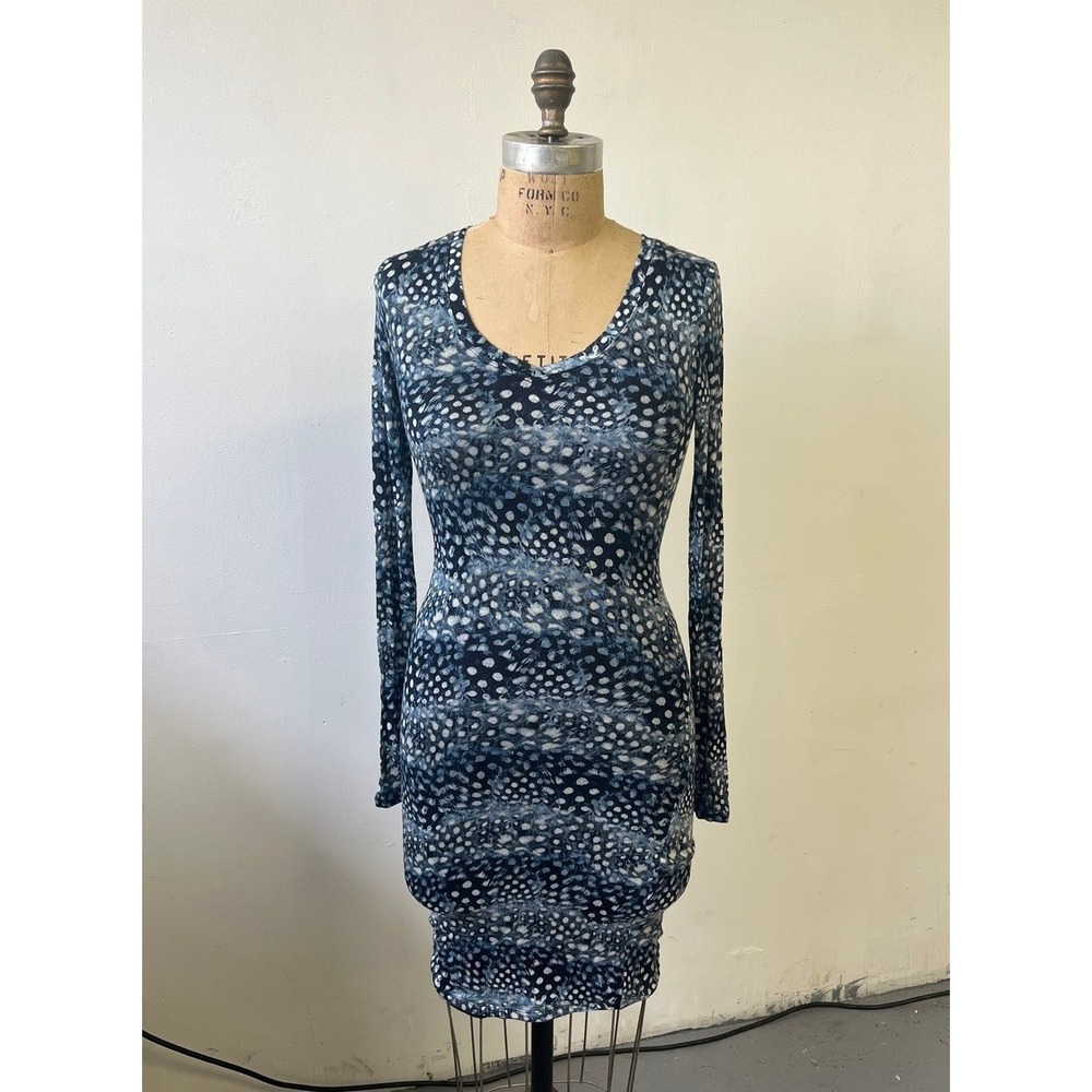 BCBGMaxazria Blue White Abstract Dot Print Long Sleeve Bodycon Dress V-Neck XS-M